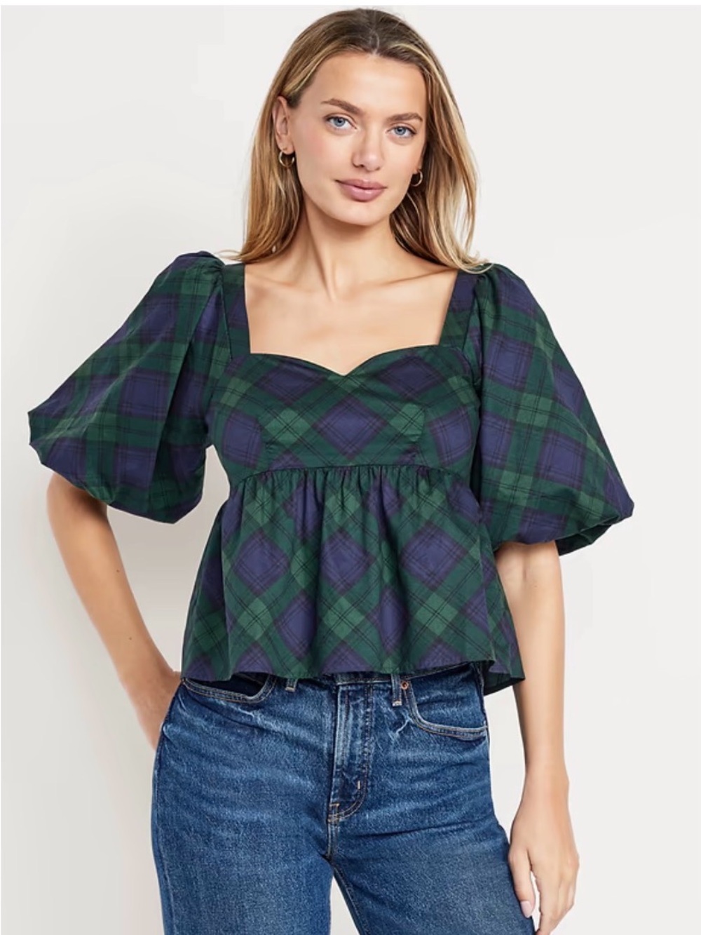 NWT Old Navy Navy & Green Plaid Smocked Top